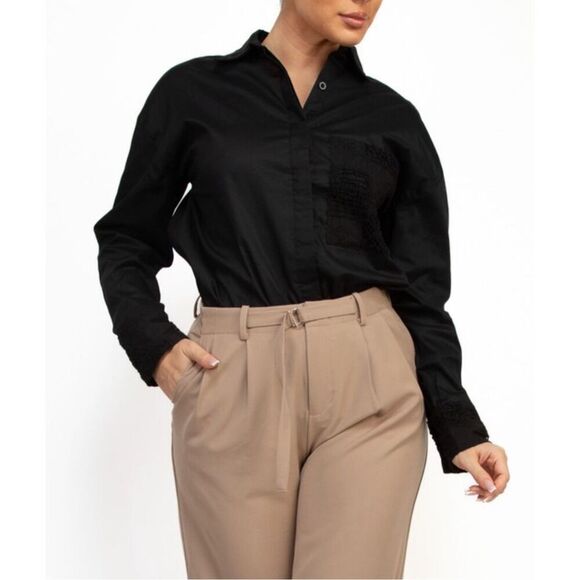 Black lace long sleeve button up shirt - Picture 1 of 12